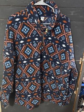 Old Navy Navy Patterned Lightweight Fleece Jacket with Blue and Orange Accents
